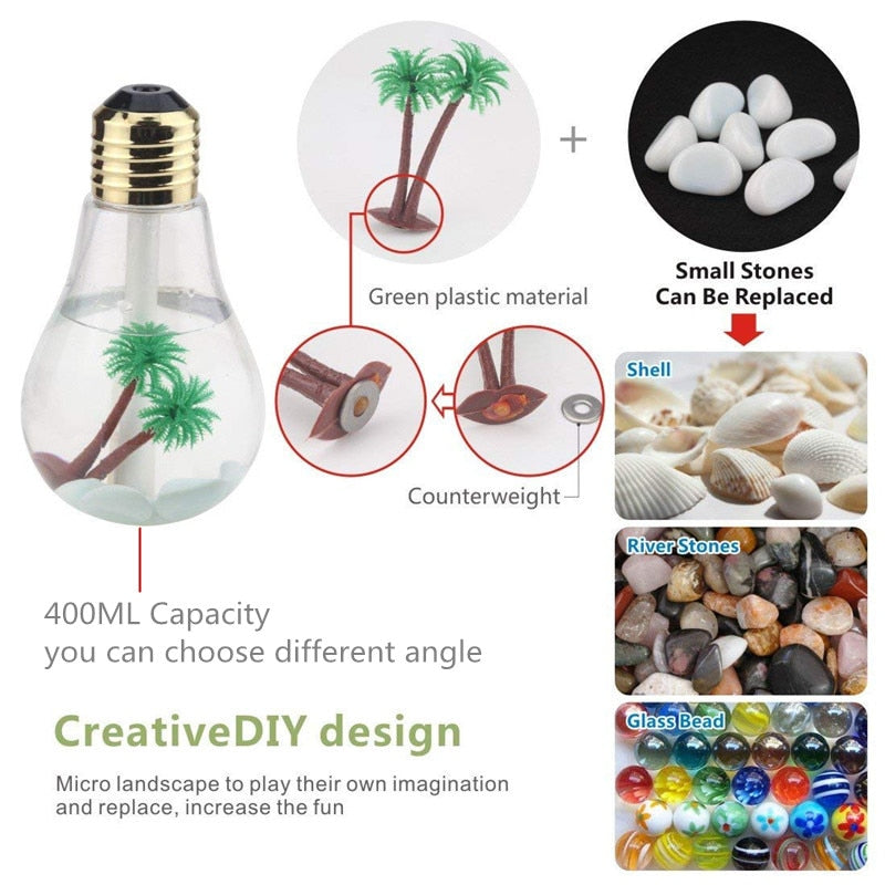 400ML Bulb Essential Oil Humidifier Ultrasonic Diffuser LED Night Light Air Freshener