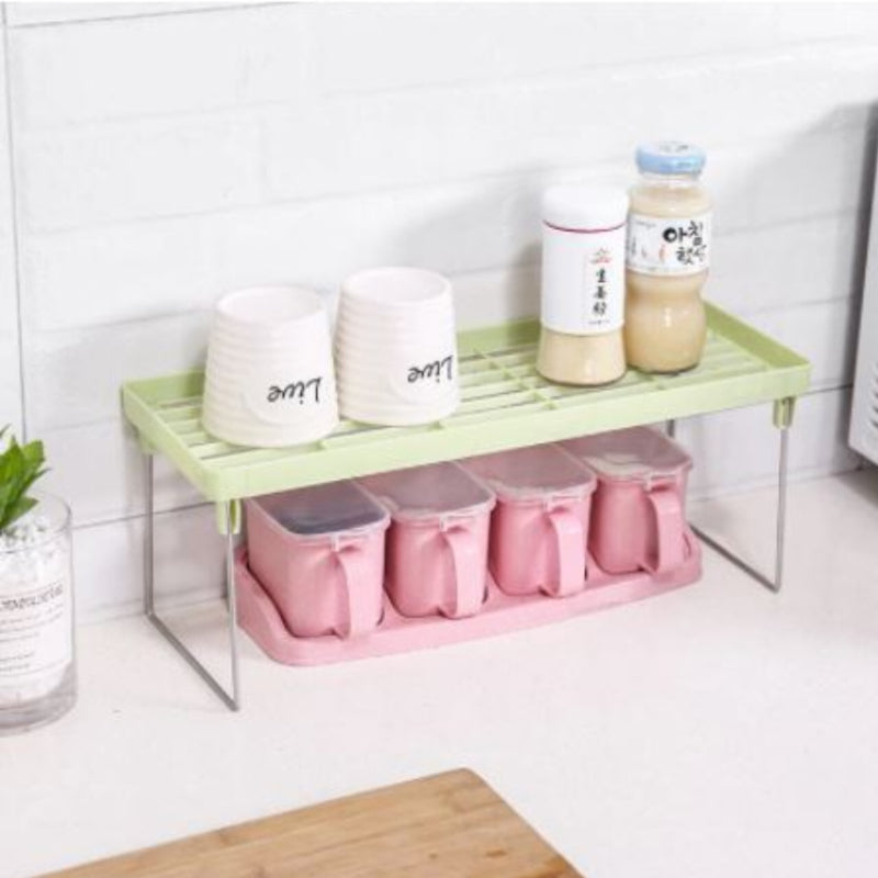 Set Of 3 Stack Up Shelf Space Saver Plastic Racks With Foldable Legs For Kitchen