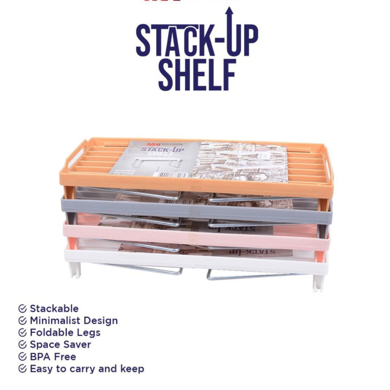 Set Of 3 Stack Up Shelf Space Saver Plastic Racks With Foldable Legs For Kitchen